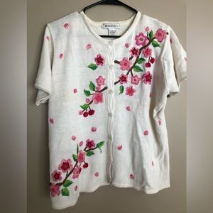 Vintage ARRIVISTE Embrod PINK FLOWERS Short Sleeve Sweater  Size M